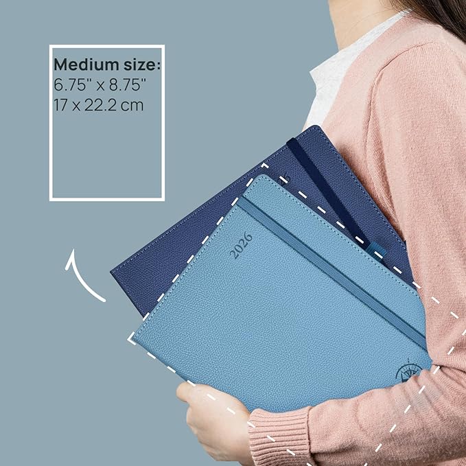 POPRUN 2026 Weekly & Monthly Planner Calendar, 6.75" x 8.75" Medium, Horizontal Layout with Lined Sections, Jan. 2026 - Dec. 2026, Leather Hardcover, 100GSM Paper, Inner Pocket - Navy Blue