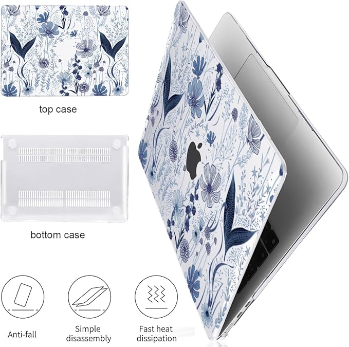 Case for M2 M3 MacBook Air 13.6 inch 2024 2023 2022 A2681 A3113 Cover with Liquid Retina Display Touch ID, Pattern Plastic Hard Shell Case Screen Film Keyboard Cover, Navy Blue Wild Flowers