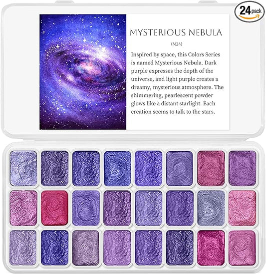 Mini Glitter Watercolor Paint Set with Paper, 24 Colors Shimmer Metallic Watercolour Painting Sets, Solid Pearl Water Color Paints for Adult, Kids, Purple 1ml Trial Pack(Mysterious Nebula)