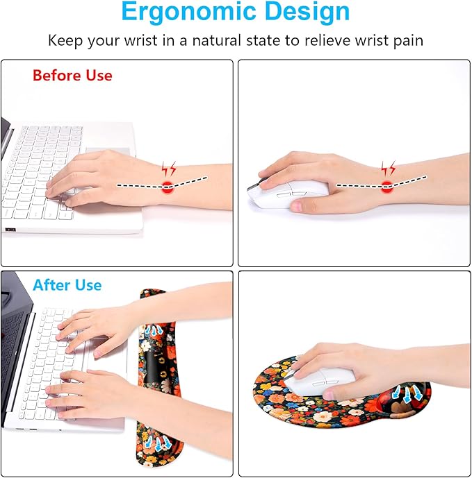 Dapesuom Keyboard Wrist Rest and Mouse Pad with Wrist Support, Cute Memory Foam Cushion for Keyboard and Mouse Set, Desktop Pad Rests with Non Slip Base for Easy Typing & Pain Relief, Cat Flower Bush