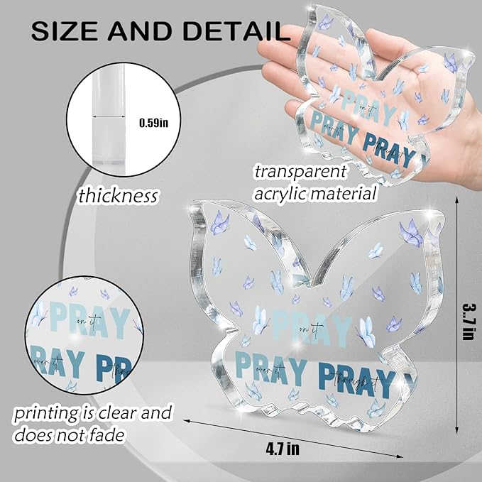 Blue Religious Plaques Christian Woman Decor Gifts, Blue Christian Gifts for Women, Modern Home Office Room Bathroom Bedroom Desk Accessory -Pray On It Pray Over It -Bible Verse Sign(Butterfly)