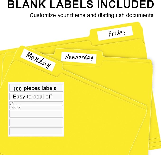 File Folder, RAZCC 100 Pack 1/3 Cut Tab File Folders Letter Size, Yellow, Folders with Tab, Great for Organizing and Easy File Storage