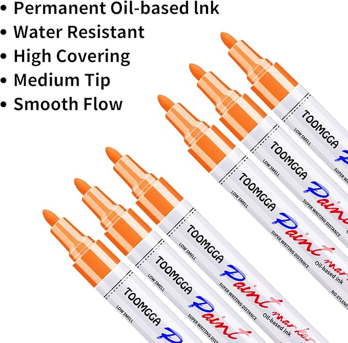Orange Permanent Paint Pens - 6 Pack Oil Based Paint Markers, Pens For Rock Painting Car Tyre Metal, Plastic, Canvas, Mugs, Wood, Glass, Quick Drying and Waterproof, Medium Point
