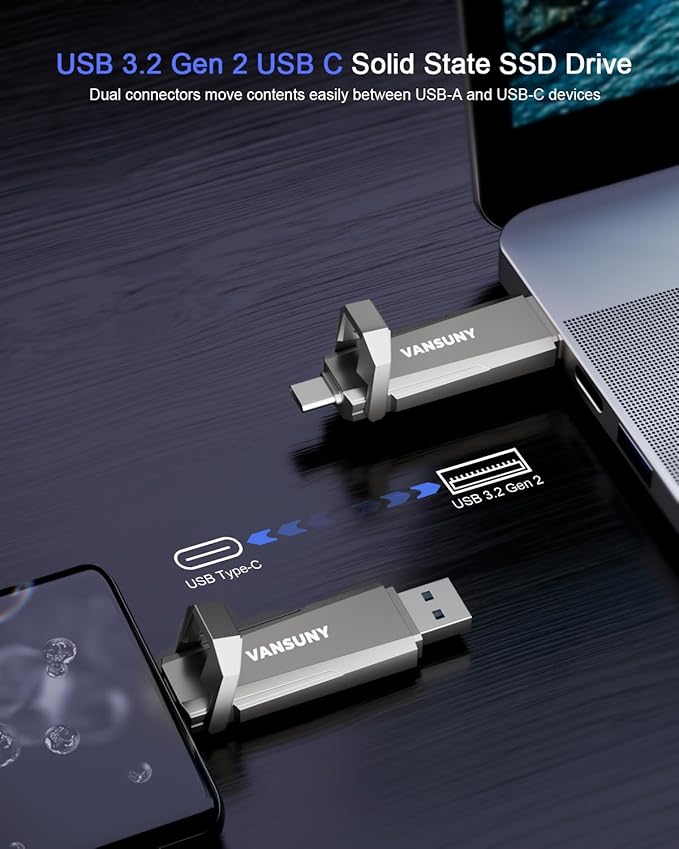 Vansuny 512GB Portable External SSD - USB 3.2 Gen 2 Dual A + C Solid State Drive Up to 1000MB/s for Android Phone, Tablet, Laptop, MacBook, PC