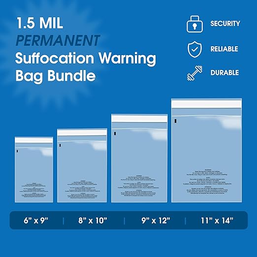 Spartan Industrial - Poly Bag Bundle Combo Pack of 400-6X9, 8X10, 9X12, 11X14 Self Seal Clear Plastic Bags With Suffocation Warning