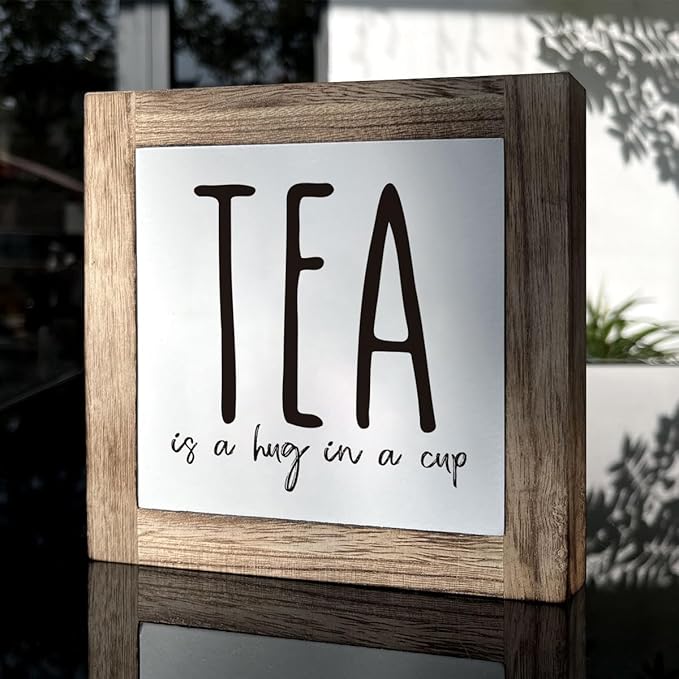 Tea is A Hug in A Cup, Wooden Box Signs for Home Decor, Rustic Wooden Table Sign, Teas Bar Decors, Teas Station Wood Decors, Farmhouse Kitchen Decor for Shelf, Tea Lover Gift