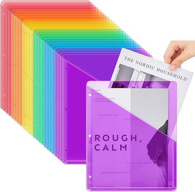 Seajan 24 Pcs Pocket Folders for 3 Ring Binder Clear Plastic Folders Sleeves with 2 Pockets 3 Hole Punch Binder Dividers Poly Slash File Jackets for Office School Document Organizer (Multicolor)