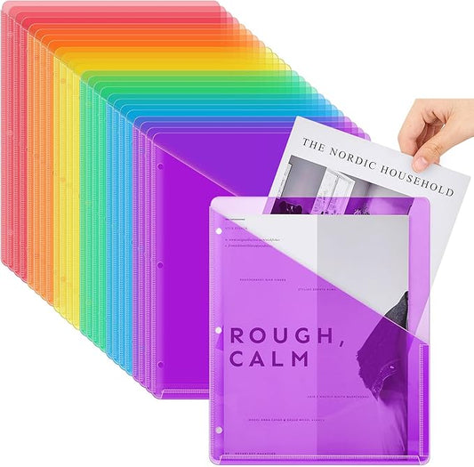 Seajan 24 Pcs Pocket Folders for 3 Ring Binder Clear Plastic Folders Sleeves with 2 Pockets 3 Hole Punch Binder Dividers Poly Slash File Jackets for Office School Document Organizer (Multicolor)