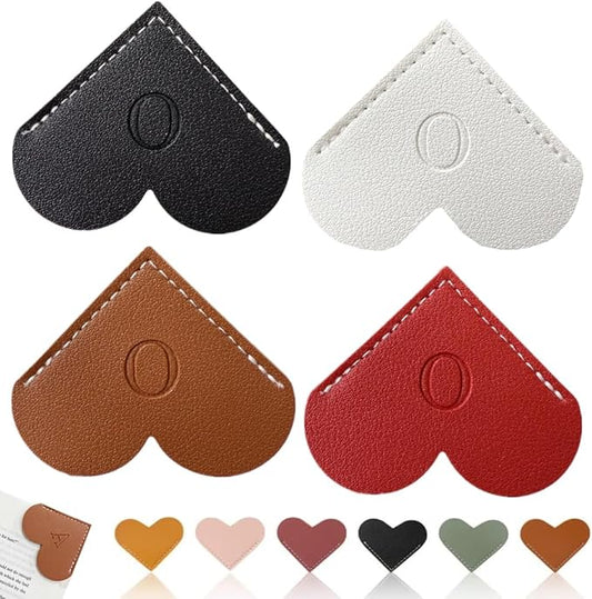 Personalized Leather Heart Bookmark, 26 Letters Customized Corner Book Mark for Reading, Book Holder Markers with Initials Page Book Accessories Cute Gifts (Black+White+Dark Brown+red,O)