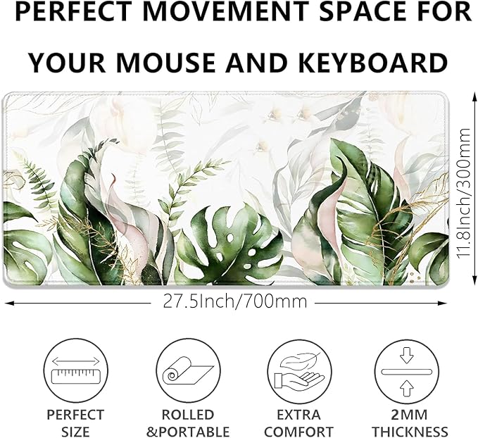 Green Tropical Leaves Mouse Pad Desk Pad,Green Sage Plant Extended Gaming Mouse Mat with Stitched Edges Non-Slip Waterproof Rubber Base Mous Mat for Office Home Game Desk Pad(27.5X11.8 in)