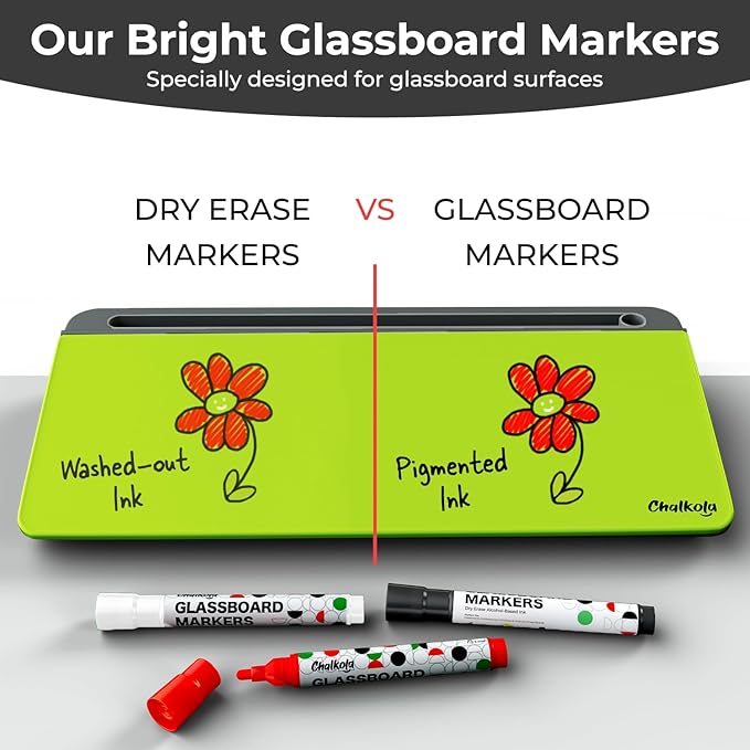 Chalkola Neon Green Glass Desktop Whiteboard with Storage - Dry Erase Board, Work Desk Organizers, Computer Keyboard Stand, Home Office Desk Accessories, Workspace Desktop Buddy + 3 Markers