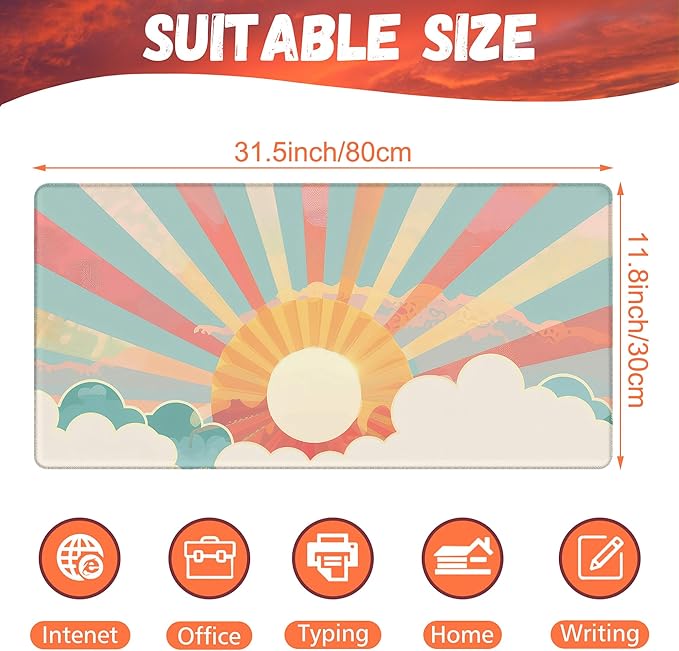 Large Gaming Mouse Pad for Desk, Boho Pastel Sun Desk Mat, Colorful Sunshine Desk Pad, 31.5"x15.7" Extended Big Computer Keyboard Mouse Pad with Non-Slip Base and Stitched Edge