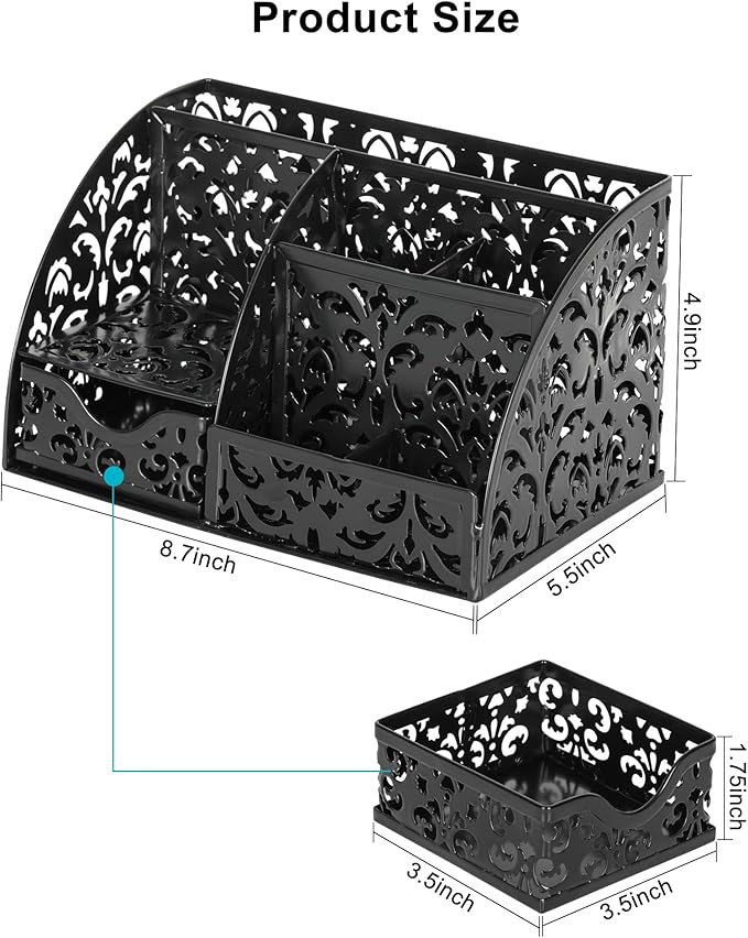 EasyPAG Pen Holder Desk Organizer with Drawer Pencil Cup for Desk 6 Compartments Metal Office Caddy Storage with Sticky Notes Holder for School Home Office, Black