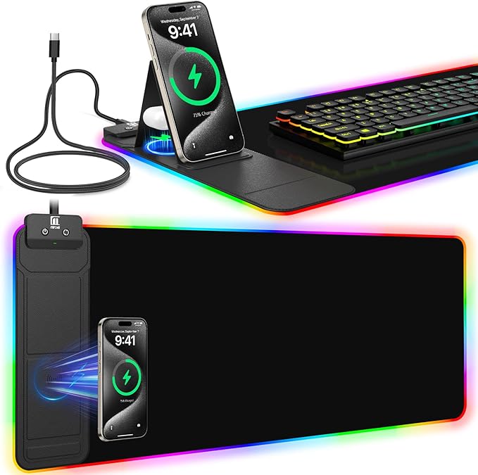 RGB Mouse Pad with Foldable Phone Stand & Wireless Charger, 31.5"x11.8" XL Gaming Mousepad Large Desk Mat, Desk Pad with Dual Charging for Phone & AirPods | 11 Colors & 5 Modes | Waterproof