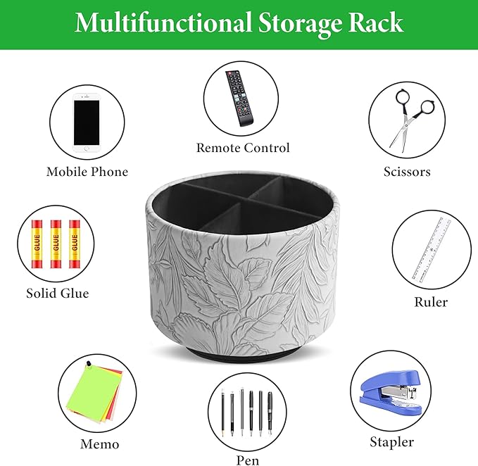 Hennaja Round Leather Art Supply Organizer,Remote Control Holder,360 Degree Spinning,Multi-Functional Pencil Holder,4 Compartments Desktop Stationary Organizer(1-Carved Grey)