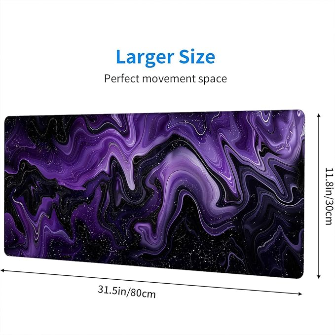 Dark Purple Ripples Desk Pad Mouse Pad Black Purple Lines Large Gaming Mouse Mat with Stitched Edges,Non-Slip Waterproof Rubber Base Mous Mat Office Computer Keyboard Laptop Home 31.5"x11.8"