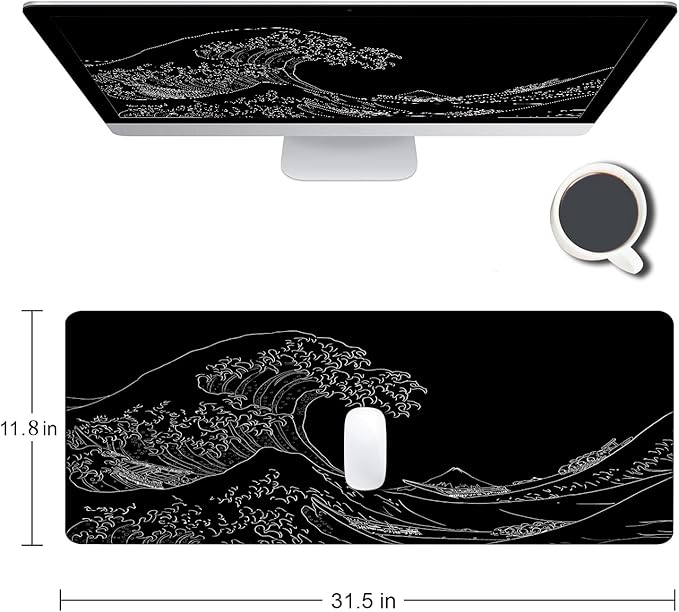 Large Mouse Pad Gaming, Extended Mousepad with Stitched Edges, Non-Slip Rubber Base Keyboard Desk Mat Mouse Pads for Work, Game, Office, Home, 31.5 x 11.8 in, Black Wave of Kanagawa