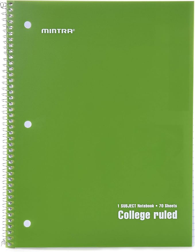Mintra Office Spiral Notebooks - 1 Subject, 70 Sheets, College Ruled, 8in x 10in, Bulk Pack, PRIMARY Color Covers, Set of 6 - for School, Office, Business, Professional (4657)