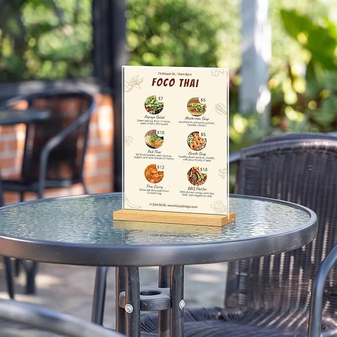 8.5 x 11 Acrylic Sign Holder with Wood Base - Tabletop Display Menu Stand - Clear Plastic L/T Shape Vertical or Slant Back Paper Holders - 6 pack