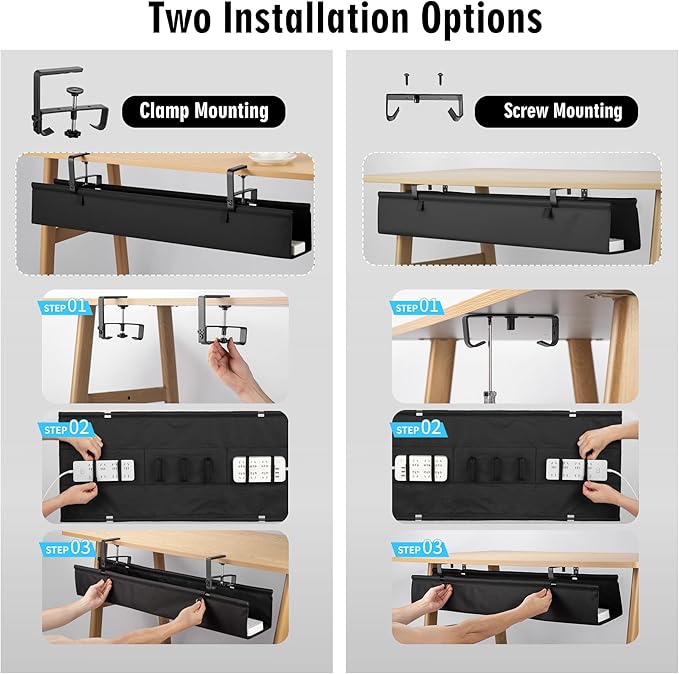 Desk Cable Management Tray, Fabric Cable Organizer, No Drill Large Clamp/Screw Mount Wire Organizer-Support Up to 30lbs, Standing Desk Cable Management for Office Home (Black,36 Inch)