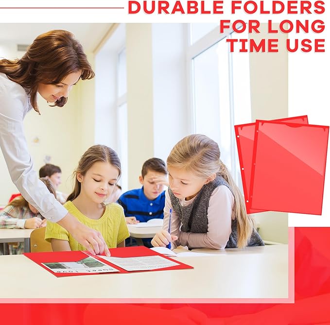 Henoyso 36 Pcs 2 Pocket Plastic Folders with Clear Front Pocket 3 Hole Punched File Folder Letter Size Take Home Documents Holder for Paper Holder Office Business Back to School Supply (Red)