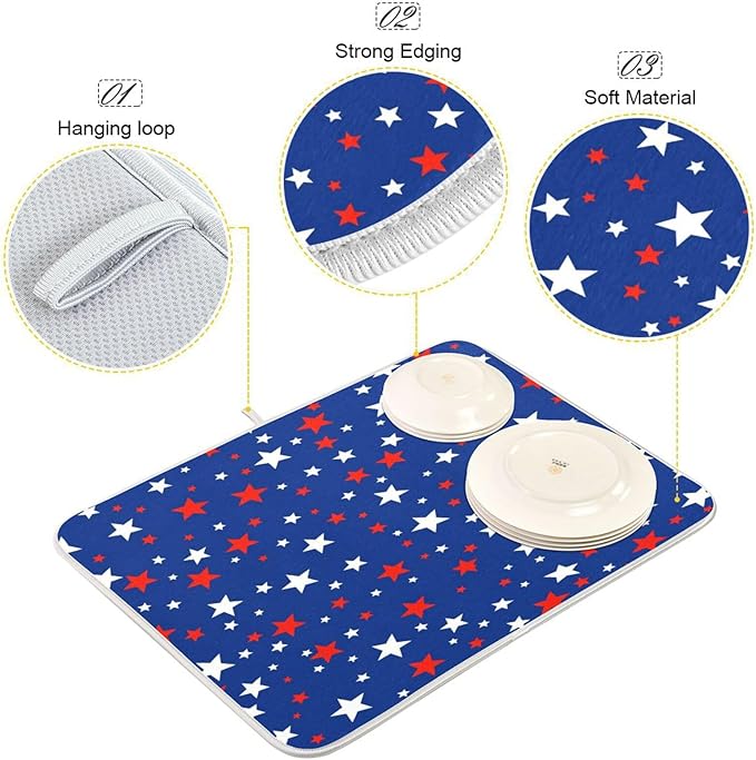 USA Patriotic Stars Memorial Dish Drying Mat 16 X 18 Inch Red Blue White Independence Day Dry Dishes Pads Tableware Mats Protector for Kitchen Countertops Counter Home Decorations