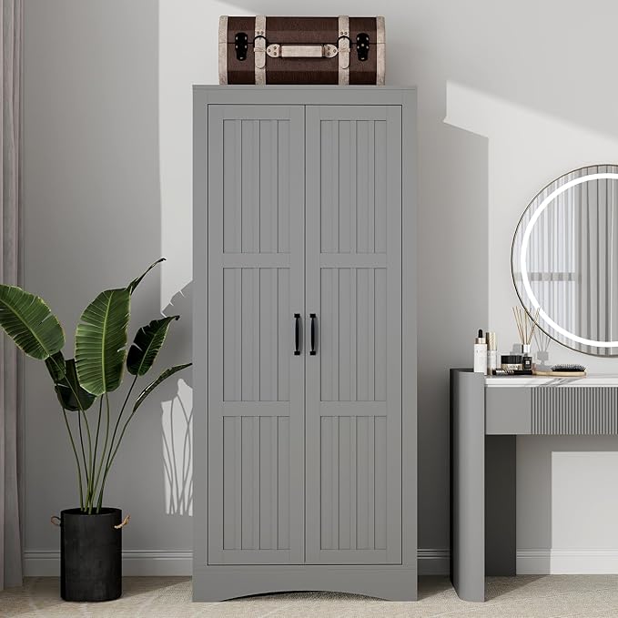 2 Door Wardrobe Closet, Wood Armoire with 2 Shelves and Hanging Rod, Freestanding Tall Storage Cabinet, Bedroom and Guest Room Armoire Cabinet for Clothes Storage, Gray