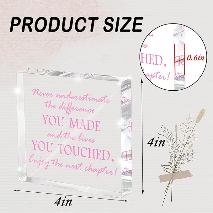 Never Underestimate Your Impact Acrylic Desk Sign - 4 * 4 Inch Pink Lettering Farewell Gifts for Coworkers Women, Inspirational Goodbye Going Away Gift for Office Retirement