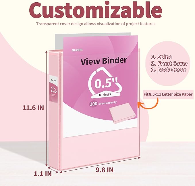 SUNEE 3 Ring Binder 0.5 Inch D Ring, Clear View Binder Three Ring PVC-Free (Fit 8.5x11 Inches) for School or Office Supplies, Assorted Pastel, 4 Pack