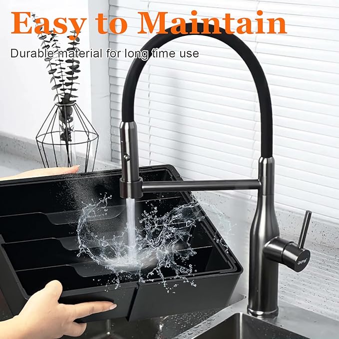 Silverware Organizer - Expandable Kitchen Drawer Organizer, Adjustable Silverware Drawer Organizer, Plastic Cutlery Tray for Forks, Knives, Kitchen Drawer Organizers and Storage, Black