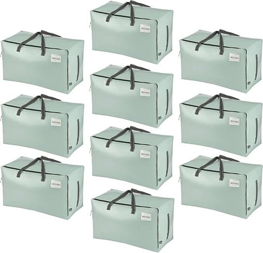 VENO 10 Pack Moving and Storage Bags, Heavy Duty, Alternative to Moving Boxes, Large Packing Totes Supplies for College Dorm Room with Zipper for Clothes, Wide Open Design (Shiny Light Green, 10 Pack)