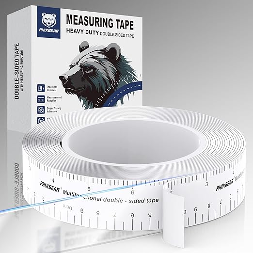 Removable Double Sided Tape Heavy Duty & Heat Resistant with Measurement Guide (Printed Inch/cm Backing), Clear Mounting Strips for Home & Office, Picture Hanging, 1.18" x 9.85' Roll