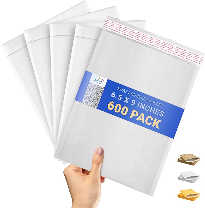 ABC PACK & SUPPLY White Kraft Bubble Mailer Envelopes, 6.5 x 9 Inches. 600 Pack Mail Padded Envelopes Self Seal. Kraft Bubble Mailers. Tear-Resistant Mailing Envelope Padded. Sturdy Paper Mailer