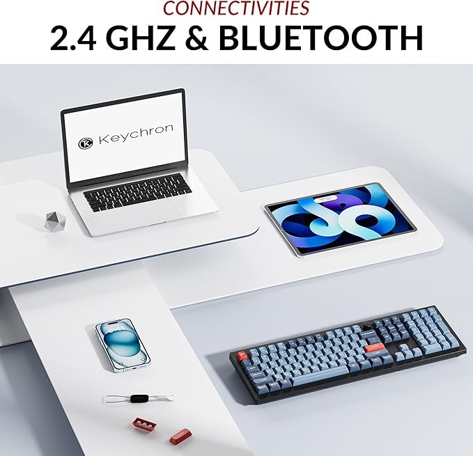 Keychron V6 Max Wireless Custom Mechanical Keyboard, 2.4 GHz Bluetooth 5.1 QMK Full-Size Layout RGB with Hot-swappable Silent Red Switch Compatible with Mac Windows Linux