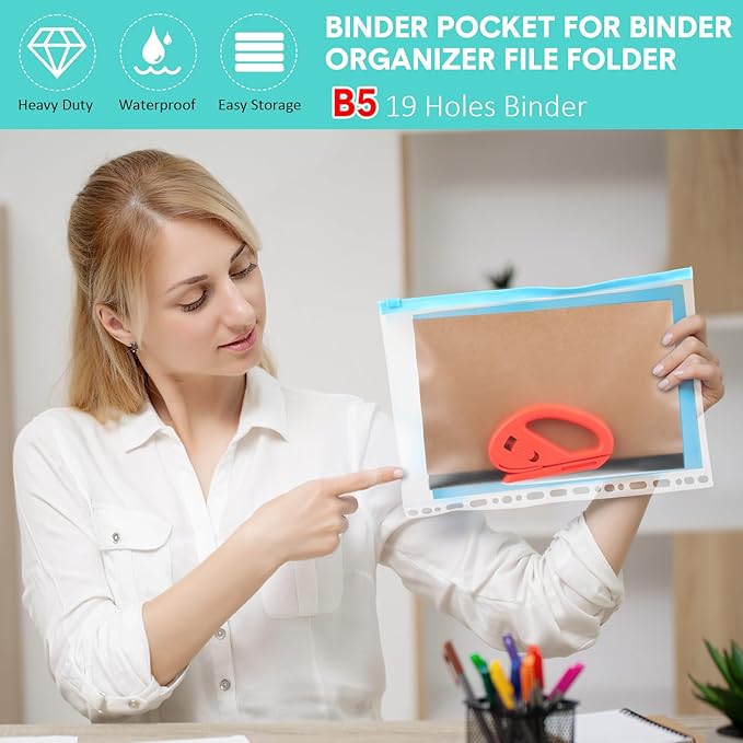 40 Pieces Multi-Ring Binder Zipper Pouch, 19 Hole Binder Pockets with Zipper Bulk Binder Folders Plastic Binder Pouch Loose Leaf Bags Waterproof PVC Document Filing Bag(Colorful, B5)