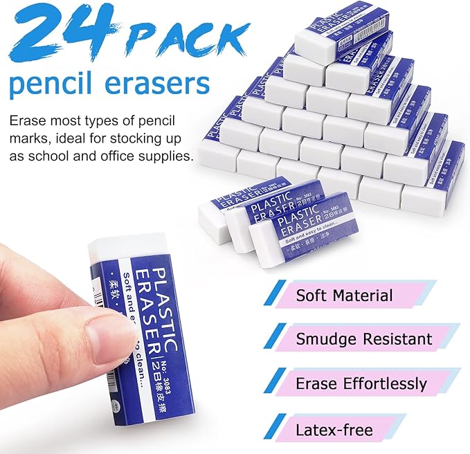 Tamaki 24 Pack Pencil Erasers, Large White Erasers for School Office, Art Erasers for Drawing