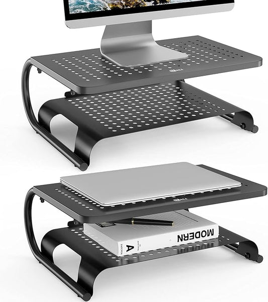 WALI Monitor Stand Riser, Computer Desktop Stand Riser Holder, Vented Metal 2 Tier Desk Shelf for Desk Organizer (STT001B-2), 2 Pack, Black
