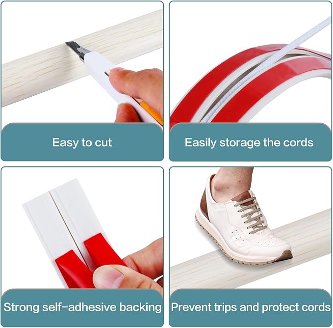 Floor Cord Cover Self Adhesive Cord Hider Floor Extension Cord Covers for Floor Power Cord Protector Cable Management Prevent Cable Trips Cable Cavity 0.47" W x 0.27" H (Beige Wood, 10Ft)