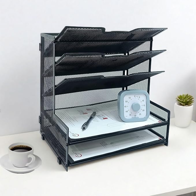 5 Tier Metal Mesh Desk Organizer, Office Desktop File Organizer, Paper Tray Organizer for Home Office Furniture, Black