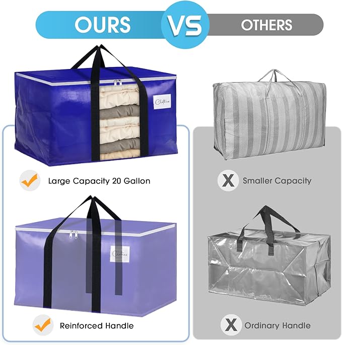 BlissTotes 2 Pack Moving Bags with Clear Window, Storage Bags with Strong Carrying Handles & Zippers,Large Packing Bags for Saving Space, Alternative to Moving Boxes(Blue,20 Gallon)