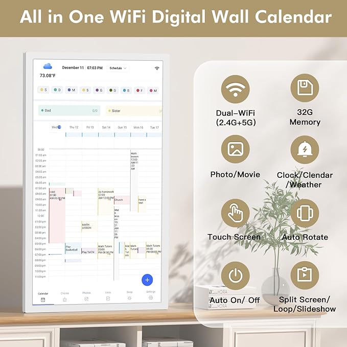 Digital Calendar Chore-Chart for-Family-Meal Planner - 27 inch Touchscreen Interactive Display Smart Calendar for Family To Do List, Dual-WiFi, Auto-Sync Google iCloud Outlook Calendars, Wall Mounted