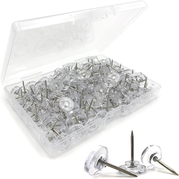 150 Pack Clear Push Pins Tacks, Flat Head Thumbtacks for Bulletin Board, Cork Board, Shadow Box, Wall Hanging – Heavy Duty Plastic Head with Steel Point in Reusable Storage Box