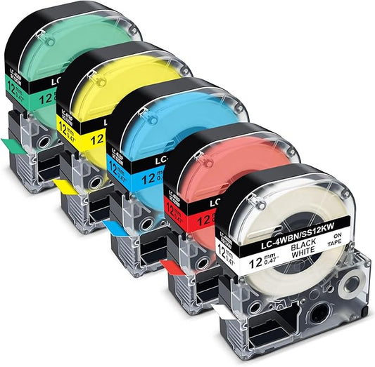 Pristar 5-Pack Compatible for Epson 12mm 0.47" Label Tape LK-4WBN SS12KW LK-4LBP LK-4RBP LK-4YBW LK-4GBP Color Refills Work for Epson LabelWorks LW-300 LW-400 LW-500 LW-600P LW-700 LW-900P Label Maker