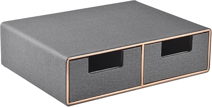 Linen Leather Desk Organizer with Drawers－Mini Desktop Drawer Organizer Stackable－Multifunctional Tabletop Organization Storage Box for Office Supplies Home Vanity Toiletries (Grey, 2-drawers)