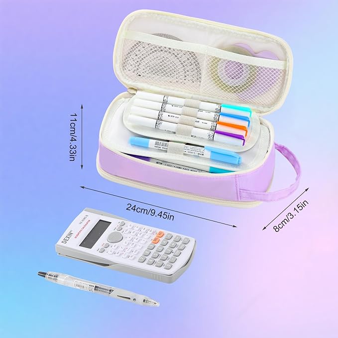 Pencil Case Large Zipper Pencil Pouch for Girls Kids Teens Adults Aesthetic Pencil Bag Stationery Organizer Pen Pencil Case with Handle for School Purple