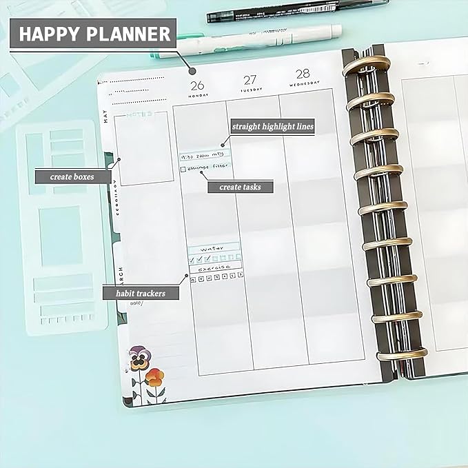 3 Pack Stencils Drafting Tools, Handmade Flexible Record Template, Reusable Templates Planner Stencils for Journaling Checklists Boxes Lines & Daily Planning (#A)