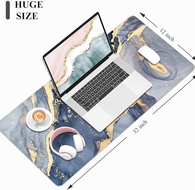 Desk Mat, 32" x 12" XXL Extended Large Gaming Mouse Pad, Desktop Decor Desk Pad, Cute Men Women Office Supplies and Accessories, XL Mouse Mat for Laptop & Keyboard, Blue Gray Gold Marble