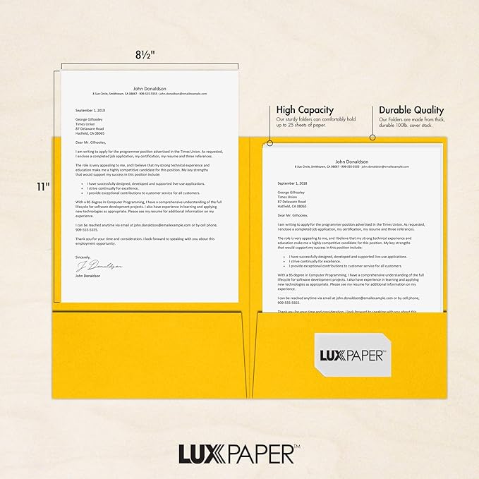 LUXPaper 9" x 12" Presentation Folders | Two Pocket | Sunflower Yellow | 100lb. Cover | 25 Qty