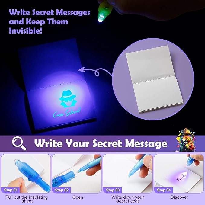 8Pcs Invisible Ink Pen Set with UV Light, Mini Notepads & Favor Bags, Magic Pen Disappearing Ink, Spy Pens for Kids, Fun Party Favors for Kids 8-12, Detective & Escape Room Themes