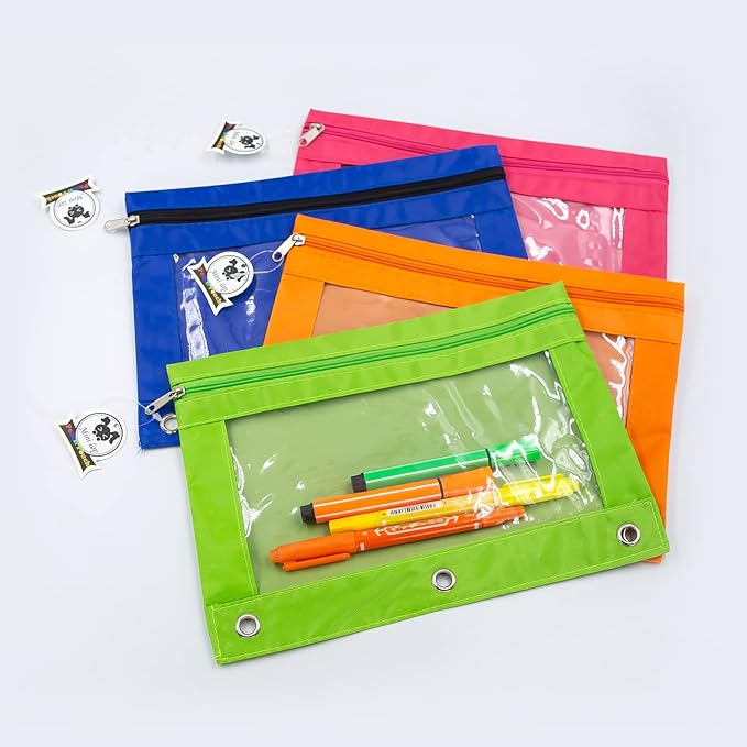 3 Ring Binder Pencil Pouches, Pencil Pouch for 3 Ring Binder, Zippered Clear Window Pencil Case for Binder with Rivet Enforced Hole 3 Ring, 5 Packs